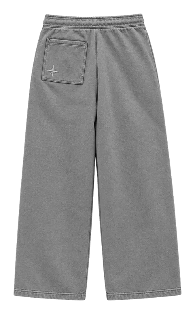 NORTHWEST wide-leg pants in washed grey, back view: a patch pocket with a tonal compass.